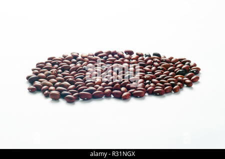 Kleine getrocknete rote Bohnen auf Weiß, eine gute Quelle für Ballaststoffe und Kalium Stockfoto