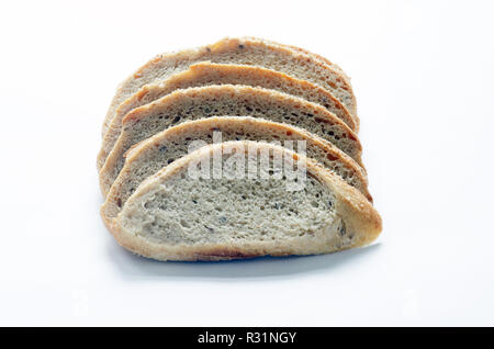 Scheiben des Alten Körner toskanischen Scheibe Vollkornbrot mit ganzen Weizen und Dinkel Mehl, Vollkorn und Leinsamen Stockfoto