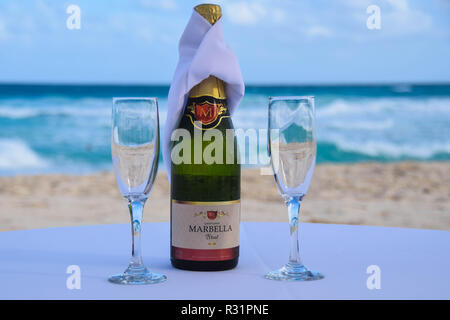 Flasche Champagner und zwei Gläser auf einem Tisch mit Strand und Meer im Hintergrund Stockfoto