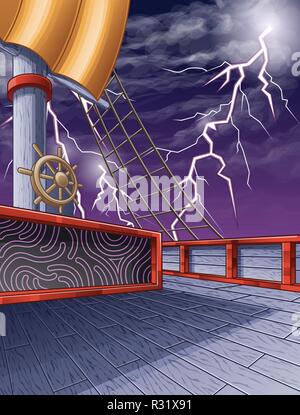 Auf dem Piratenschiff und thunderbolt Himmel Hintergrund. Stock Vektor