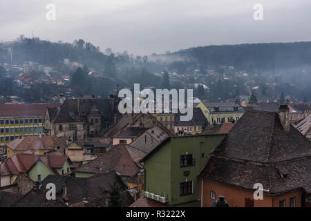 Stadtbild von Sighisoara von oben, Rumänien Stockfoto