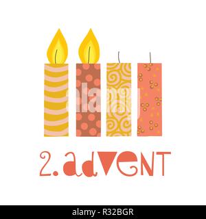 Zwei Brennende Adventskerzen Vector Illustration. Zweiter Sonntag im Advent. Zweiter Advent deutschen Text. Flache Urlaub Design mit Kerzen auf weißen backgro Stock Vektor