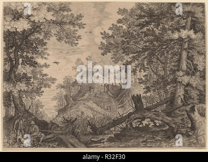 Woodland Szene mit zwei Jäger und ein Hund auf der linken Seite. Vom: Wahrscheinlich C. 1609. Medium: Gravur. Museum: Nationalgalerie, Washington DC. Autor: Aegidius Sadeler II nach roelandt Savery. Stockfoto