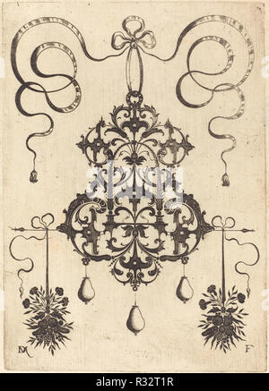 Großer Anhänger, Unten links und rechts zwei Trauben von Gras, Blumen und Obst. Stand: 1596. Medium: Gravur. Museum: Nationalgalerie, Washington DC. Autor: Daniel Mignot. Stockfoto