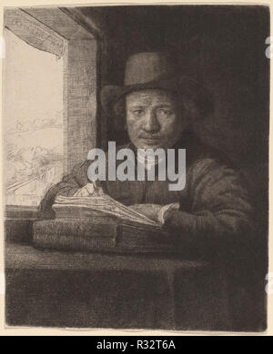 Selbstbildnis Zeichnung an einem Fenster. Stand: 1648. Abmessungen: Blatt (innerhalb der Platte mark getrimmt): 15,7 x 12,9 cm (6 3/16 x 5 1/16 in.). Medium: Ätzung, kaltnadel und Gravur auf Bütten. Museum: Nationalgalerie, Washington DC. Thema: Rembrandt, HARMENSZOON VAN RIJN. Stockfoto