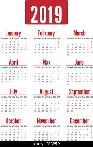 Einfache vertikale rote Kalender Layout für 2019 Jahre. Woche beginnt ab Sonntag. Taschenkalender für Business auf weißem Hintergrund. Vector Illustration. Stock Vektor