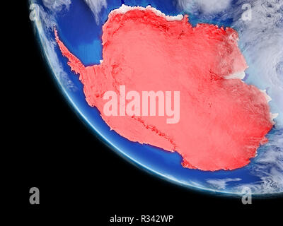 Antarktis auf dem Planeten Erde aus dem Weltraum. Sehr feine Details der Planeten und Wolken. Kontinent in Rot hervorgehoben. 3D-Darstellung. Elemente dieser Stockfoto