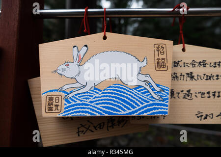 Holz- Ema Holz- gebet Plaques bei Nikko Futarasan jinja in Nikko, Japan. Schreiben Sie Ihre Wünsche auf der Plakette und dann hängen. Stockfoto