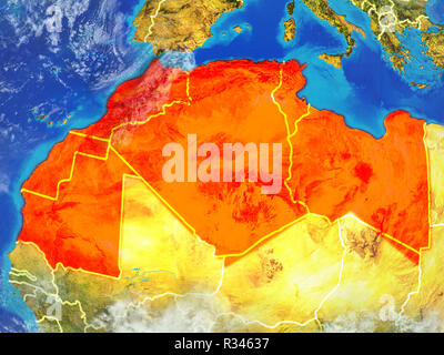 Maghreb von Speicherplatz auf dem Modell des Planeten Erde mit Ländergrenzen. Extrem feine Details der Planeten und Wolken. 3D-Darstellung. Elemente Stockfoto