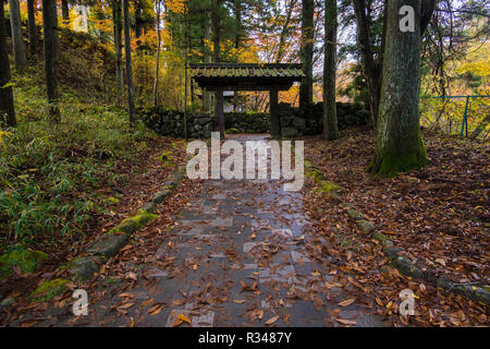 Eine überdachte Tor in Ganman Stone Park in Nikko, Japan während der Herbst Farbe. Stockfoto