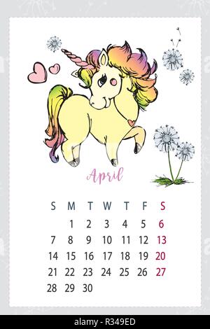 Kalender 2019 mit niedlichen Einhorn, hand Magic Horse gezeichnet Stock Vektor
