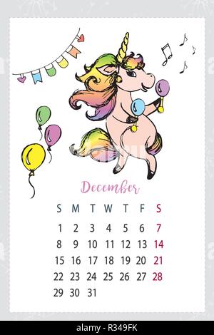 Kalender 2019 mit niedlichen Einhorn, hand Magic Horse gezeichnet Stock Vektor