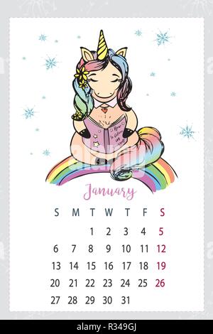 Kalender 2019 mit niedlichen Einhorn, hand Magic Horse gezeichnet Stock Vektor