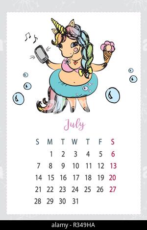 Kalender 2019 mit niedlichen Einhorn, hand Magic Horse gezeichnet Stock Vektor