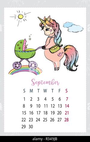 Kalender 2019 mit niedlichen Einhorn, hand Magic Horse gezeichnet Stock Vektor