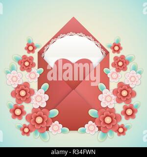 Realistische Handwerk roten Umschlag mit rotem Herz aus Papier, weiß Serviette mit Spitze Rahmen und Papier Handwerk rot und rosa Blumen auf einem Hintergrund isoliert. Templat Stock Vektor