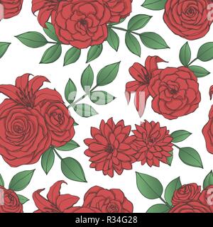 Vektor Rapport mit rote Lilie, Chrysantheme, Camellia, Pfingstrose und rosa Blüten und Blätter auf weißem Hintergrund. Nahtlose floralen Ornament von bloss Stock Vektor