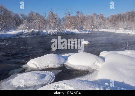 Fluss Koksha durch Bäume unter Raureif und Schnee in der Altairegion im Winter umgeben, Sibirien, Russland Stockfoto