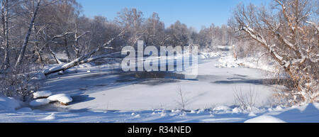 Fluss Koksha durch Bäume unter Raureif und Schnee in der Altairegion im Winter umgeben, Sibirien, Russland Stockfoto