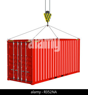 Service Delivery - red Cargo Container durch Haken hochgezogen Stockfoto