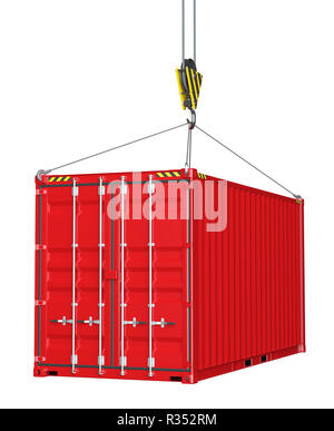 Service Delivery - red Cargo Container durch Haken hochgezogen Stockfoto