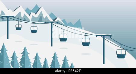 Ein Skigebiet mit einer Standseilbahn mit Kabinen. Flat Style. Berglandschaft. Stock Vektor