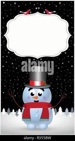 Grußkarten, Einladungen, Flyer Vorlage von cute Cartoon schneemann Hut auf verschneiten Winter Nacht Landschaft Hintergrund mit Kopie Platz für Text. Vect Stock Vektor