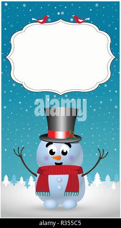 Grußkarten, Einladungen, Flyer Vorlage von cute Cartoon schneemann Hut auf verschneiten Winterlandschaft Hintergrund mit Kopie Platz für Text. Vektor chr Stock Vektor