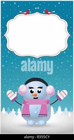 Grußkarten, Einladungen, Flyer Vorlage von cute Cartoon snowgirl in Gehörschützer auf verschneiten Winterlandschaft Hintergrund mit Kopie Platz für Text. Vektor Stock Vektor