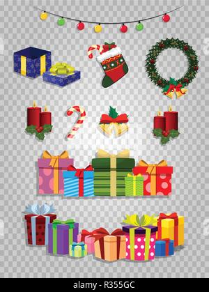 Vektor Weihnachten von cute Cartoon festliche Attribute auf transparentem Hintergrund isoliert. Geschenke, Kerzen, Kranz, Socke mit präsentiert, die Lichter, die Glocken. Stock Vektor