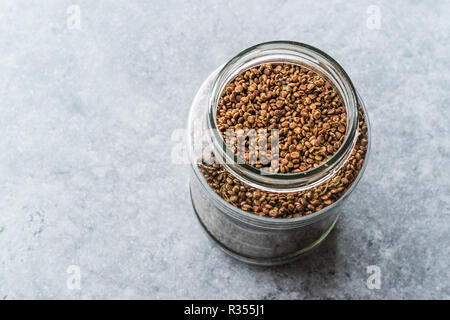 Glas mit Sumach Samen/geerntet Malosma Laurina Laurel Sumak. Bio Gewürz. Stockfoto