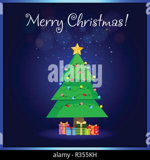 Frohe Weihnachten Grußkarte von cute cartoon Tanne. Star Dekorationen, Kugeln, Girlanden und viel Geschenkboxen auf Schaumwein magic leuchtenden Hintergrund Stock Vektor