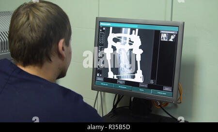 Tierärztin sieht sich der Monitor X-ray Image der Tatze des gebrochenen Hund mit ilizarov der Apparate. X-ray Image der Hund auf dem Monitor in einer Tierklinik. Stockfoto