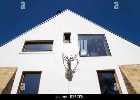 Hirschkopf Relief auf der Fassade der schönen weißen Dorf Gebäude im Sommer Natur, sonnigen Tag, Unterkunft Konzept Stockfoto