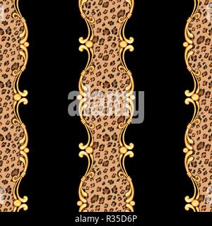 Nahtlose Leopard Muster und golden barocke Elemente. Stockfoto