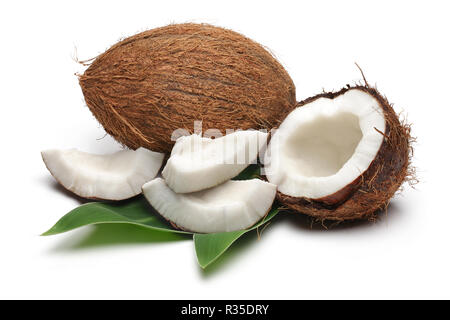 Kokosnuss mit grünen Blättern auf weißem Hintergrund Stockfoto
