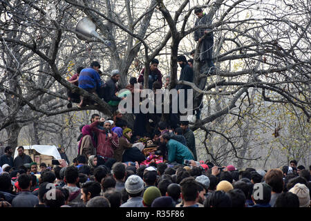 Pulwama, Indien. 20 Nov, 2018. Kaschmir muslimischen Menschen nehmen an der Beerdigung von der Rebel Abid Chopan, die während einer Begegnung in Shopian Distrikt des indischen verwalteten Kaschmir am 20. November 2018 getötet wurde. Vier Rebellen wurden in eine Schießerei zwischen indischen Kräfte und Kaschmirischen Rebellen, die als Inam ul Haq von Feripora, Abid Nazir Chopan von Paddarpora, Mehraj ud Din Najar von Drawni Zainapora und Basharat Ahmad von Chotigam identifiziert wurden getötet. Zwei indische Fallschirmjäger wurden auch bei der Schießerei getötet. Credit: Muzamil Mattoo/Pacific Press/Alamy leben Nachrichten Stockfoto