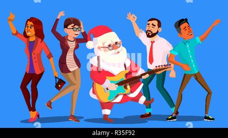 Santa Claus Tanz mit der Gruppe von Menschen und Gitarre in den Händen. Für das neue Jahr. Weihnachtsfeier Vector Illustration Stock Vektor
