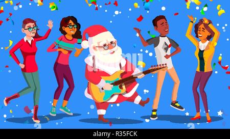 Santa Claus Tanz mit der Gruppe von Menschen und Gitarre in den Händen. Spaß bei Corporate Office. Christmas Party Poster Vector Illustration Stock Vektor