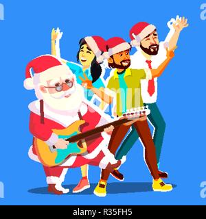 Santa Claus Tanz mit der Gruppe von Menschen und Gitarre in den Händen. Für das neue Jahr. Weihnachtsfeier Vector Illustration Stock Vektor