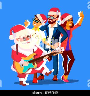 Santa Claus Tanz mit der Gruppe von Menschen und Gitarre in den Händen. Office Christmas Party Banner Vector Illustration Stock Vektor