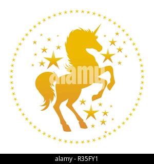 Einhorn Silhouette mit Sternen. Vektor gold Einhorn Silhouette, Geheimnisvolle Fantasy Märchen Einhörner Pferd isoliert auf weißem Stock Vektor