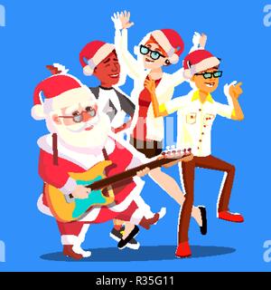 Santa Claus Tanz mit der Gruppe von Menschen und Gitarre in den Händen. Weihnachtsfeier Vector Illustration Stock Vektor