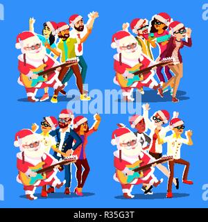 Santa Claus Tanz mit der Gruppe von Menschen und Gitarre in den Händen. Positive Männer und Frauen. Spaß am Tanzen. Weihnachtsfeier Vector Illustration Stock Vektor
