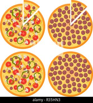 Satz frischer Pizza mit Tomaten, Käse, Champignons und Peperoni Pizza, Ansicht von oben. Vector Illustration auf weißem Hintergrund Stock Vektor