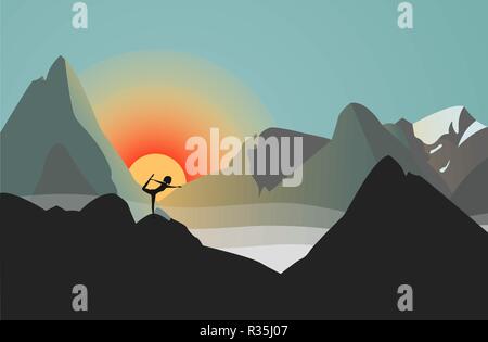 Vector Illustration: Silhouette gegen die Sonne Frau Yoga in den Bergen. Sie steht in Natarajasana Position. Stock Vektor