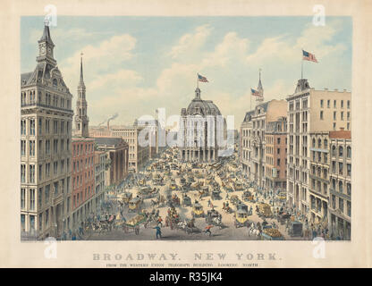 Broadway, New York: Von der Western Union Telegraph Gebäude nach Norden. Stand: 1875. Abmessungen: Bild: 41,3 x 60,6 cm (16 1/4 x 23 7/8 in.) Blatt: 50,4 x 71,3 cm (19 13/16 x 28 1/16 in.). Medium: Handcolorierte Lithographie auf Webte Papier. Museum: Nationalgalerie, Washington DC. Autor: Currier und Ives. Stockfoto