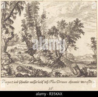 Draun River. Stand: 1681. Medium: Radierung. Museum: Nationalgalerie, Washington DC. Autor: Melchior Küsel nach Johann Wilhelm Baur. Stockfoto