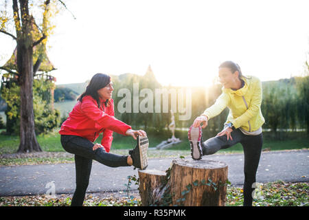 Zwei Läuferinnen stretching draußen im Park im Herbst Natur bei Sonnenuntergang. Stockfoto