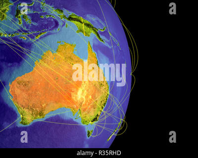 Australien auf der Erde mit Trajektorien, die internationale Kommunikation, Reisen, Verbindungen. 3D-Darstellung. Elemente dieses Bild eingerichtet Stockfoto